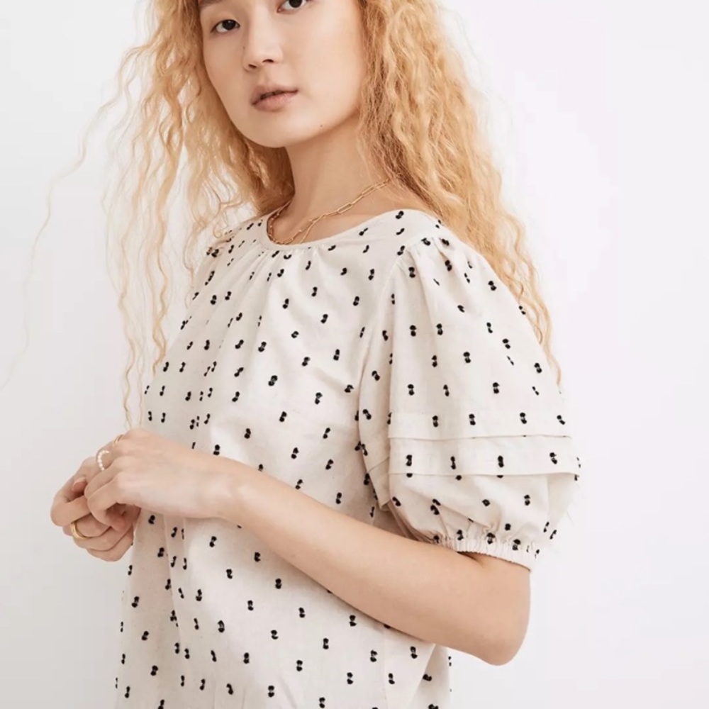 Madewell Tie-Back Puff-Sleeve Top in Clip Dot Size XS Cotton Linen NEW Summer.